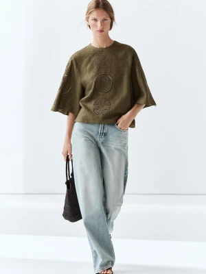 Bluzka Z Lnianej Mieszanki Z Haftowanymi Detalami - Zielony - - Massimo Dutti - Female