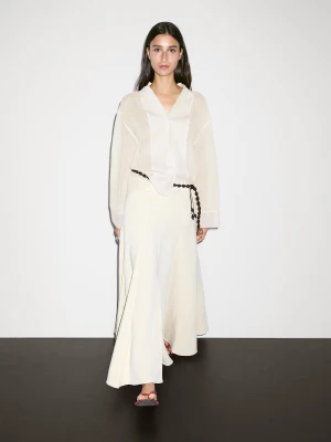 Bluzka Z Mieszanki Bawełny Ze Wstawką Z Ozdobnej Tkaniny - Beżowy - - Massimo Dutti - Kobieta