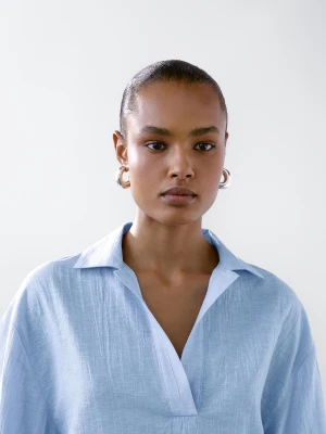 Bluzka Z Mieszanki Lnu Z Kołnierzykiem Polo - Niebieski - - Massimo Dutti - Kobieta