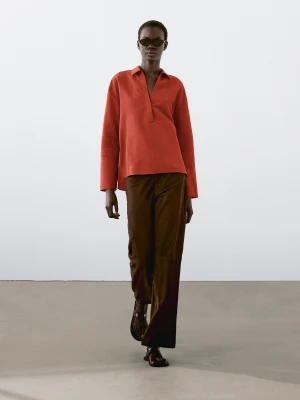 Bluzka Z Mieszanki Lnu Z Kołnierzykiem Polo - Ognista Pomarańcza - - Massimo Dutti - Kobieta