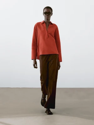Bluzka Z Mieszanki Lnu Z Kołnierzykiem Polo - Ognista Pomarańcza - - Massimo Dutti - Kobieta