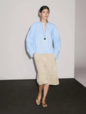Bluzka Z Mieszanki Lnu Z Ozdobnymi Szwami - Błękitny - - Massimo Dutti - Kobieta