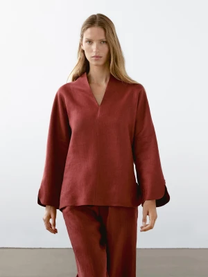 Bluzka Ze 100% Lnu Z Dekoltem W Serek - Ciemnoczer - - Massimo Dutti - Kobieta