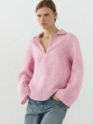 Bluzka Ze 100% Lnu Z Dekoltem W Serek - Różowy - - Massimo Dutti - Kobieta