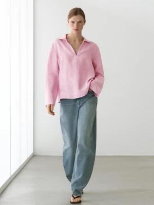 Bluzka Ze 100% Lnu Z Dekoltem W Serek - Różowy - - Massimo Dutti - Kobieta