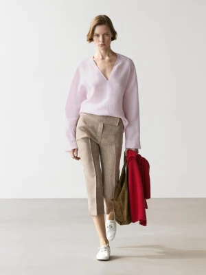 Bluzka Ze 100% Lnu Z Dekoltem W Serek - Różowy - - Massimo Dutti - Kobieta