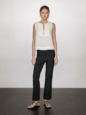 Bluzka Ze 100% Lnu Z Ozdobnymi Szwami - Biały - - Massimo Dutti - Kobieta