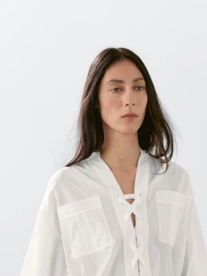 Bluzka Ze Stójką I Wiązaniem - Biały - - Massimo Dutti - Kobieta