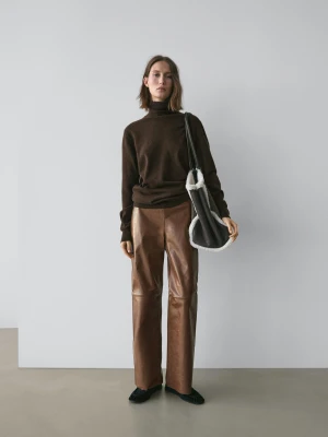Błyszczące Spodnie Ze Skóry Nappa - Wielbłądzi - - Massimo Dutti - Kobieta