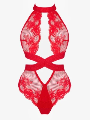 Body z czerwonej koronki z elastycznymi taśmami Agostina Hot POUPEE