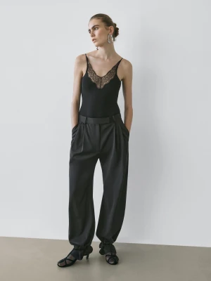 Body Z Koronkowym Obszyciem − Studio - Czarny - - Massimo Dutti - Kobieta