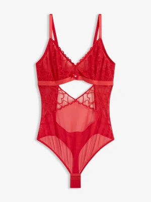 Body ze stringami, z koronki ze wzorem w serca BonPrix czerwony