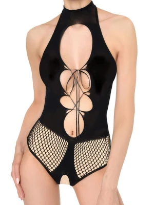 Bodystocking czarne wiązane z przodu z wycięciem w kroku – Lizz POUPEE
