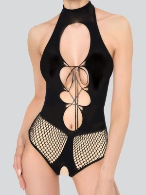 Bodystocking czarne wiązane z przodu z wycięciem w kroku – Lizz POUPEE