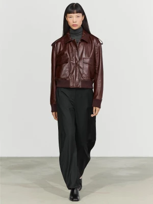 Bomberka Z Kieszeniami Ze Skóry Nappa - Czerwone Wino - Massimo Dutti - Female