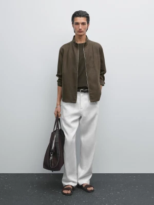 Bomberka Ze 100% Lnu - Ciemny Khaki - - Massimo Dutti - Mężczyzna