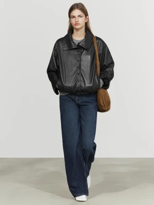 Bomberka: Skóra, Owcza Skóra, Nappa, Zamsz, Guziki - Czarny - Massimo Dutti - Female