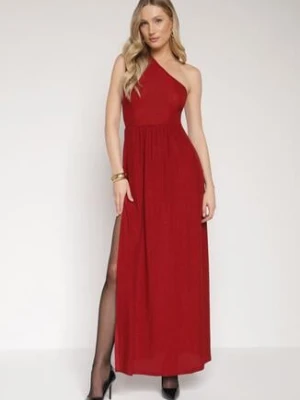 Bordowa Asymetryczna Sukienka Maxi z Rozkloszowanym Dołem i Wycięciem z Brokatem Acaisa by swan