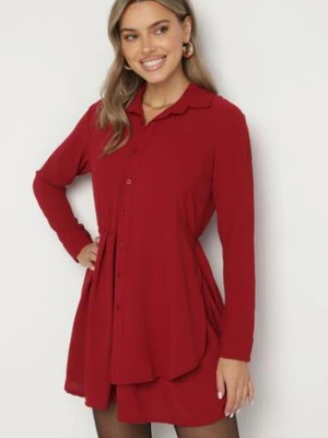 Bordowa Asymetryczna Sukienka o Koszulowym Kroju z Gumką w Talii Elodina j studio
