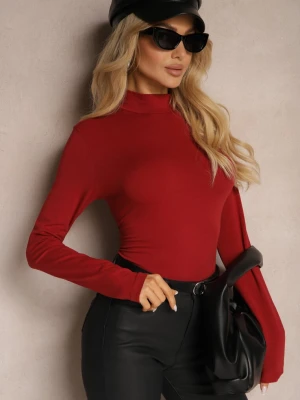 Bordowa Bawełniana Bluzka Typu Longsleeve z Półgolfem Riata Glo-story