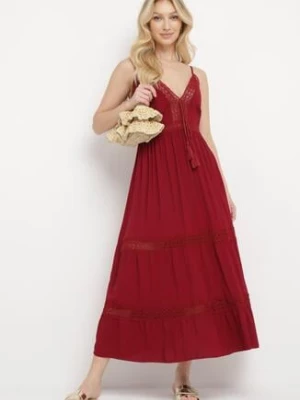 Bordowa Bawełniana Sukienka Maxi na Ramiączkach o Rozkloszowanym Fasonie Vitarepa