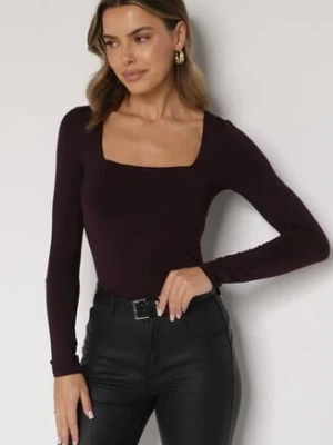 Bordowa Bluzka z Wiskozą z Długim Rękawem i Kwadratowym Dekoltem Alexussi