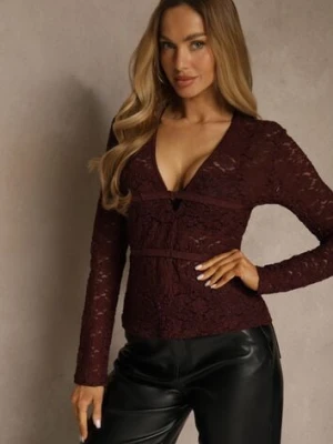 Bordowa Bluzka Longsleeve z Koronki z Dekoltem w Kształcie Litery V Lerafera