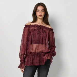 Bordowa bluzka open shoulder we wzór paisley z falbankami House
