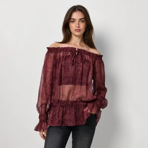 Bordowa bluzka open shoulder we wzór paisley z falbankami House