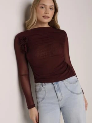 Bordowa Bluzka Siateczkowa z Marszczeniem i Kwiatową Aplikacją Nelimor elsa.m by may