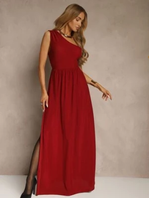 Bordowa Brokatowa Sukienka Maxi z Asymetryczną Górą i Rozkloszowanym Dołem Eulita by swan