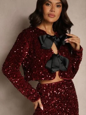 Bordowa Cekinowa Bluzka Narzutka z Satynowymi Kokardkami Issanis allyson