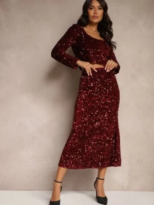 Bordowa Cekinowa Spódnica w Koktajlowym Stylu Gumką w Pasie Berizola allyson