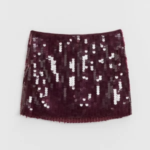 Bordowa cekinowa spódniczka mini ze wszytymi spodenkami House