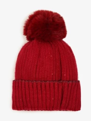 Bordowa Czapka Beanie Ozdobiona Metaliczną Nicią i Pomponem Delasirra