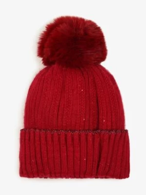 Bordowa Czapka w Stylu Beanie z Pomponem i Metaliczną Nicią Medelia