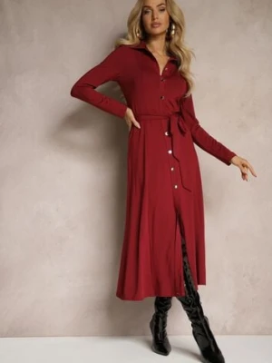 Bordowa Długa Sukienka Koszulowa z Wiązaniem w Talii Levae by swan