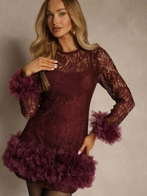Bordowa Dopasowana Koronkowa Sukienka Koktajlowa z Tiulowymi Aplikacjami Kretalia