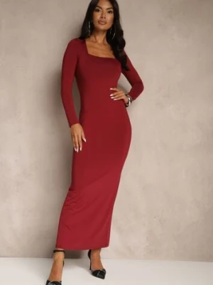 Bordowa Dopasowana Sukienka Maxi z Kwadratowym Dekoltem Fioral lovery