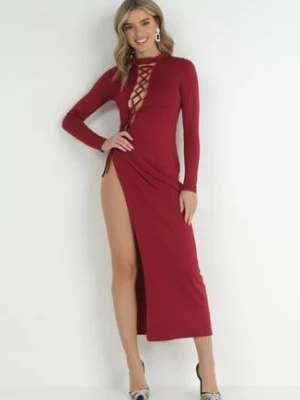Bordowa Dopasowana Sukienka z Asymetrycznym Wiązaniem z Przodu Normi