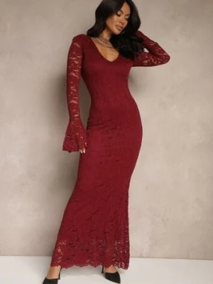 Bordowa Dopasowana Sukienka Zdobiona Koronką z Rozszerzanym Dołem Hannalis allyson