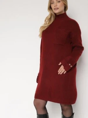 Bordowa Dzianinowa Sukienka z Półgolfem z Domieszką Wełny i Wiskozą Nesara