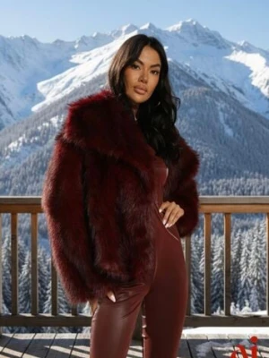 Bordowa Elegancka Kurtka Futerko z Kołnierzem Vertirida