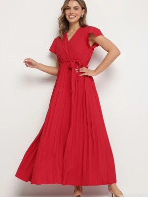 Bordowa Elegancka Sukienka Maxi w Plisy z Kopertowym Dekoltem i Wiązaniem Thessi Cflo