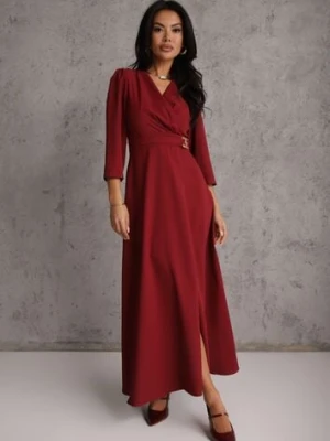 Bordowa Elegancka Sukienka o Kopertowym Kroju Zdobiona Aplikacją w Talii Zilendra vices