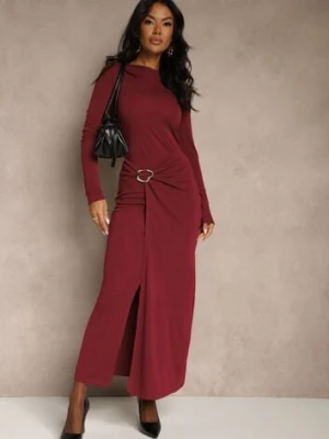 Bordowa Elegancka Sukienka Zdobiona Marszczeniem i Metaliczną Aplikacją Raselia