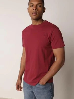 Bordowa Gładka Koszulka T-shirt z Bawełny o Prostym Kroju Sarusa