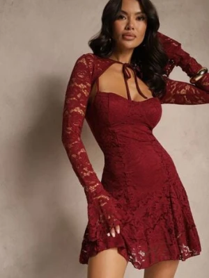 Bordowa Koktajlowa Koronkowa Sukienka o Rozkloszowanym Kroju Nelfedi allyson