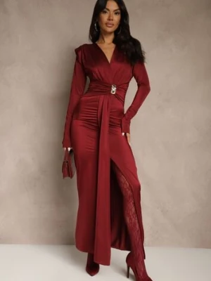 Bordowa Koktajlowa Sukienka z Rozcięciem na Nogę Zdobiona Trenem Atirga