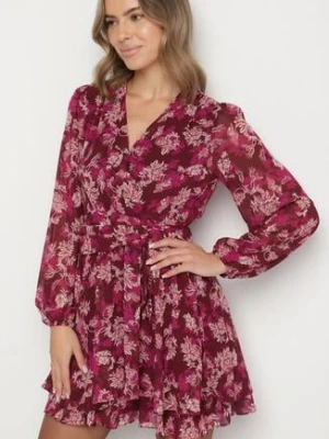 Bordowa Kopertowa Sukienka w Kwiaty z Bufiastymi Rękawami Zavea retro & icone